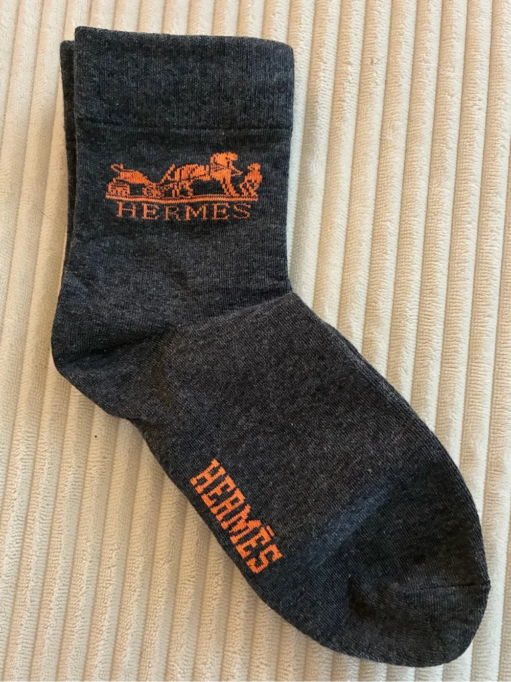 Hermes Dark Gray Crew Socks with Orange Logo Detailing